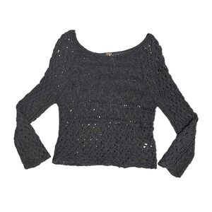 Free People Crochet Knit Sweater Charcoal Gray Long Sleeve Scoop Neck Medium